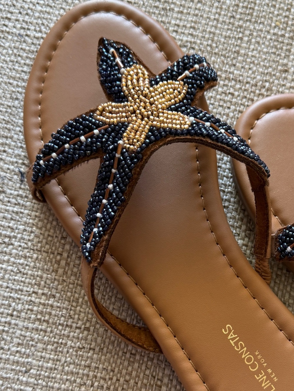 Caroline Constas Navy & Tan Starfish Beaded Flip Flop Beach Sandals - Picture 3 of 16